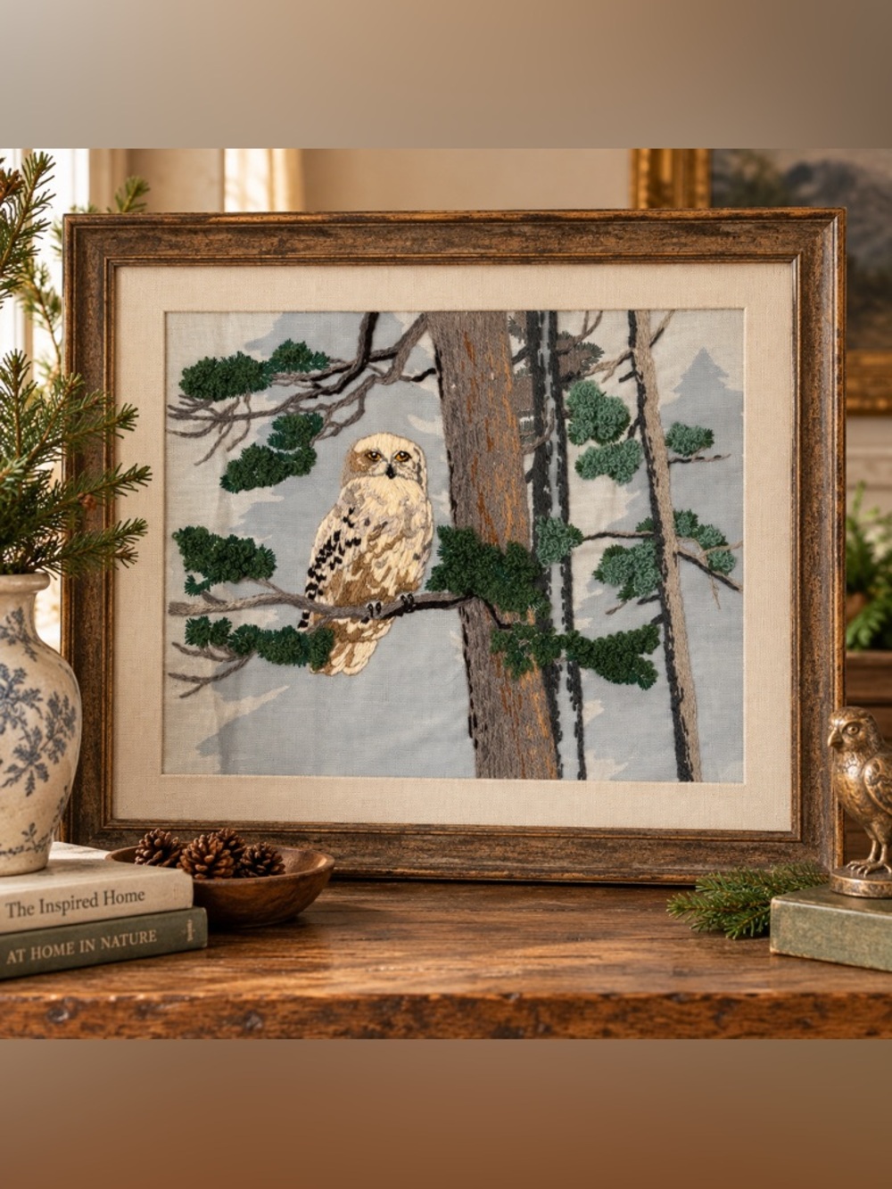 Vintage 1985 Dimensions Snowy Owl Crewel Embroidery Needlework Woodland Art